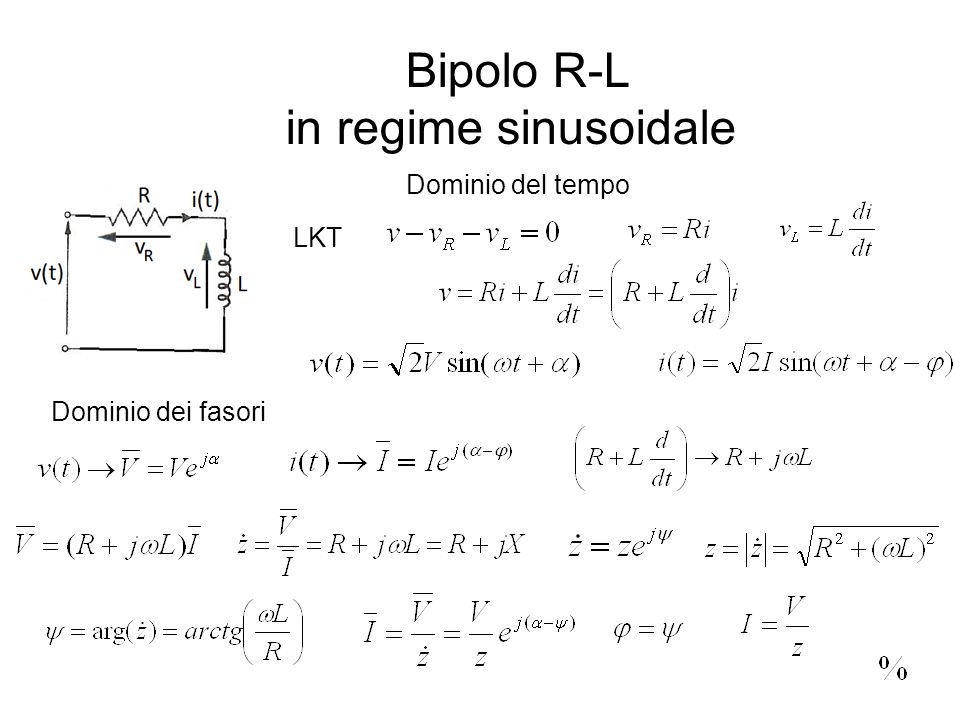 Bipolo R-L in regime sinusoidale LKT Dominio del tempo Dominio dei fasori