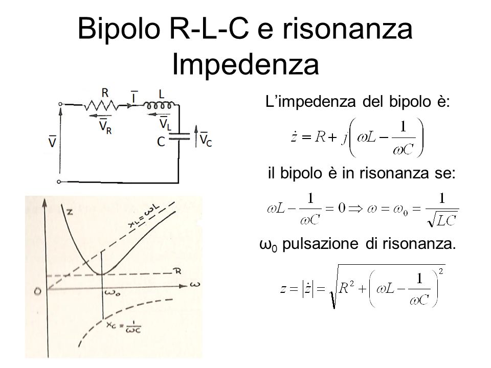 Bipolo R-L-C e risonanza Impedenza Limpedenza del bipolo è: il bipolo è in risonanza se: ω 0 pulsazione di risonanza.