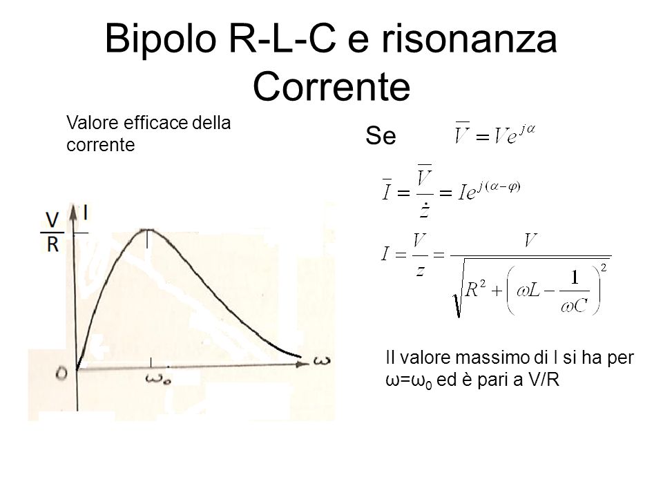 Bipolo R-L-C e risonanza Corrente Se Valore efficace della corrente Il valore massimo di I si ha per ω=ω 0 ed è pari a V/R