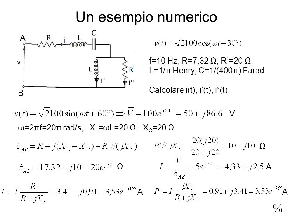 Un esempio numerico f=10 Hz, R=7,32, R=20, L=1/π Henry, C=1/(400π) Farad Calcolare i(t), i(t), i(t) ω=2πf=20π rad/s, X L =ωL=20, X C =20.