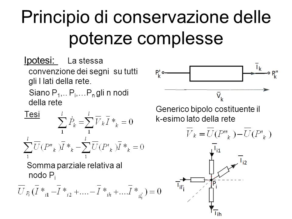 Principio di conservazione delle potenze complesse Ipotesi: La stessa convenzione dei segni su tutti gli l lati della rete.