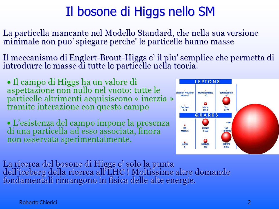 Roberto Chierici2 Il bosone di Higgs nello SM La particella mancante nel Modello Standard, che nella sua versione minimale non puo spiegare perche le particelle hanno masse Il meccanismo di Englert-Brout-Higgs e il piu semplice che permetta di introdurre le masse di tutte le particelle nella teoria.