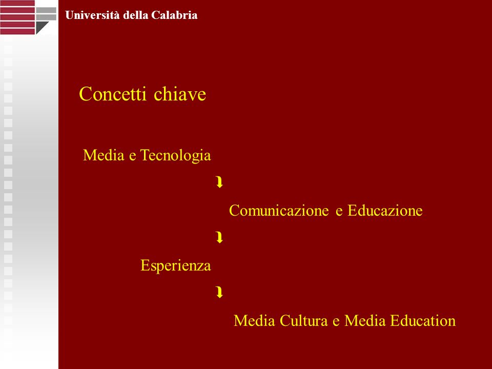 Università della Calabria Media e Tecnologia Comunicazione e Educazione Esperienza Media Cultura e Media Education Concetti chiave