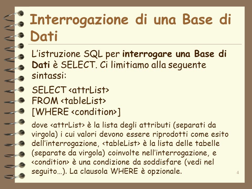 4 Interrogazione di una Base di Dati Listruzione SQL per interrogare una Base di Dati è SELECT.