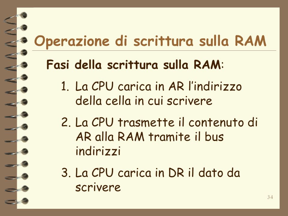 34 Operazione di scrittura sulla RAM Fasi della scrittura sulla RAM: 1.La CPU carica in AR lindirizzo della cella in cui scrivere 2.La CPU trasmette il contenuto di AR alla RAM tramite il bus indirizzi 3.La CPU carica in DR il dato da scrivere