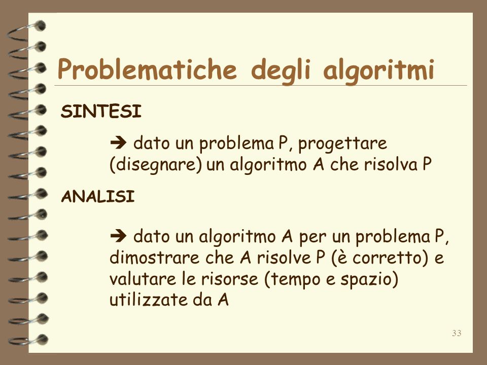 33 Problematiche degli algoritmi SINTESI dato un problema P, progettare (disegnare) un algoritmo A che risolva P ANALISI dato un algoritmo A per un problema P, dimostrare che A risolve P (è corretto) e valutare le risorse (tempo e spazio) utilizzate da A