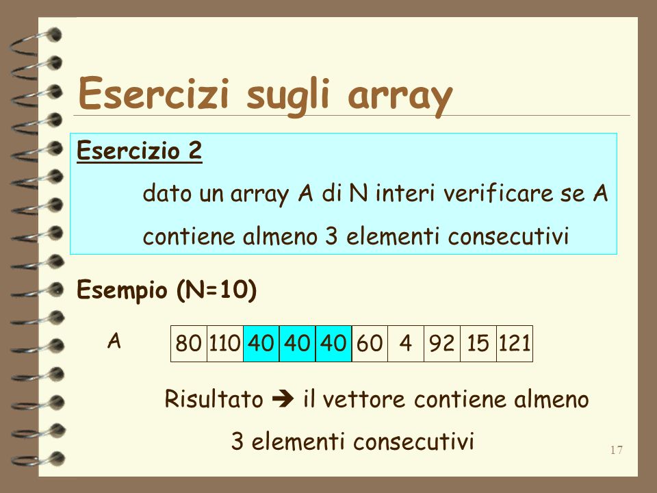17 Esercizi sugli array Esercizio 2 dato un array A di N interi verificare se A contiene almeno 3 elementi consecutivi Esempio (N=10) Risultato il vettore contiene almeno 3 elementi consecutivi A