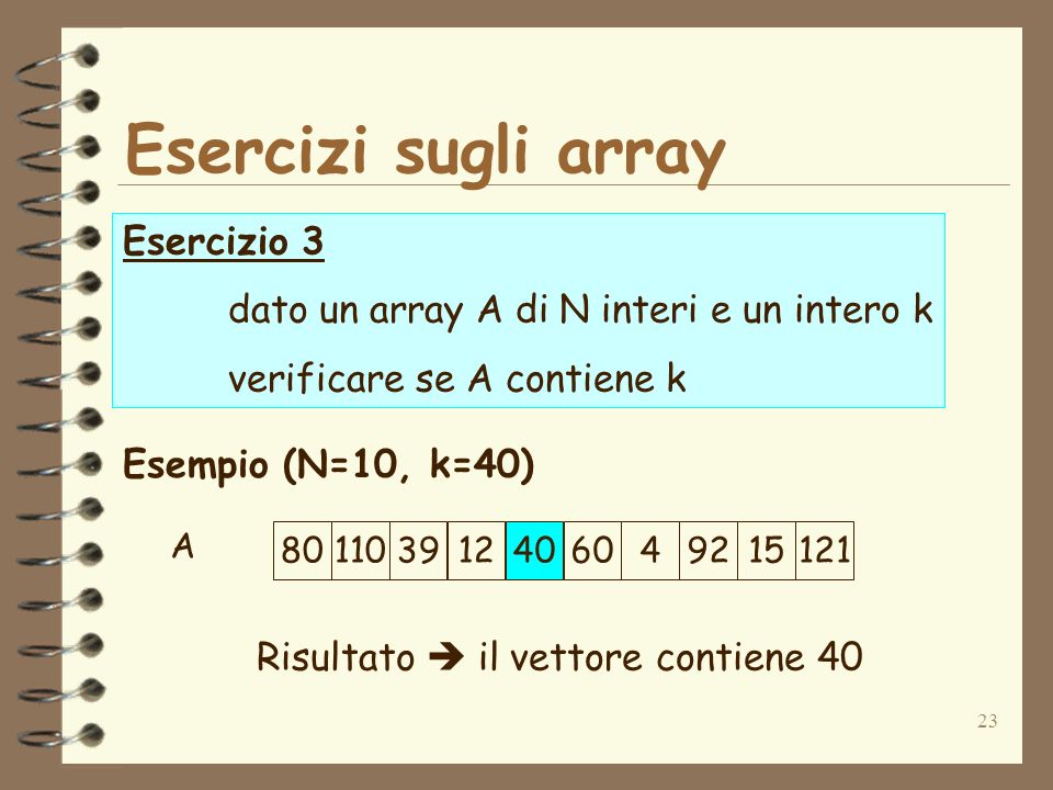 23 Esercizi sugli array Esercizio 3 dato un array A di N interi e un intero k verificare se A contiene k Esempio (N=10, k=40) Risultato il vettore contiene A