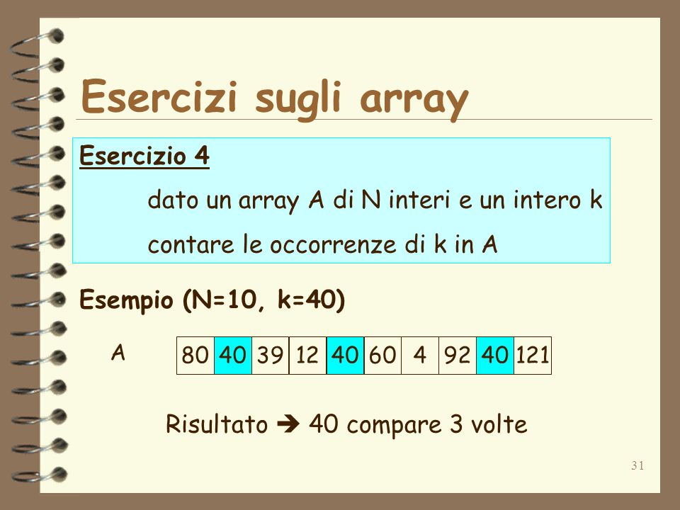 31 Esercizi sugli array Esercizio 4 dato un array A di N interi e un intero k contare le occorrenze di k in A Esempio (N=10, k=40) Risultato 40 compare 3 volte A
