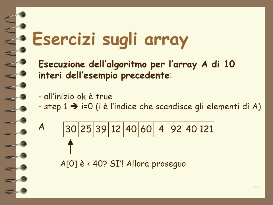 44 Esercizi sugli array A Esecuzione dellalgoritmo per larray A di 10 interi dellesempio precedente: - allinizio ok è true - step 1 i=0 (i è lindice che scandisce gli elementi di A) A[0] è < 40.