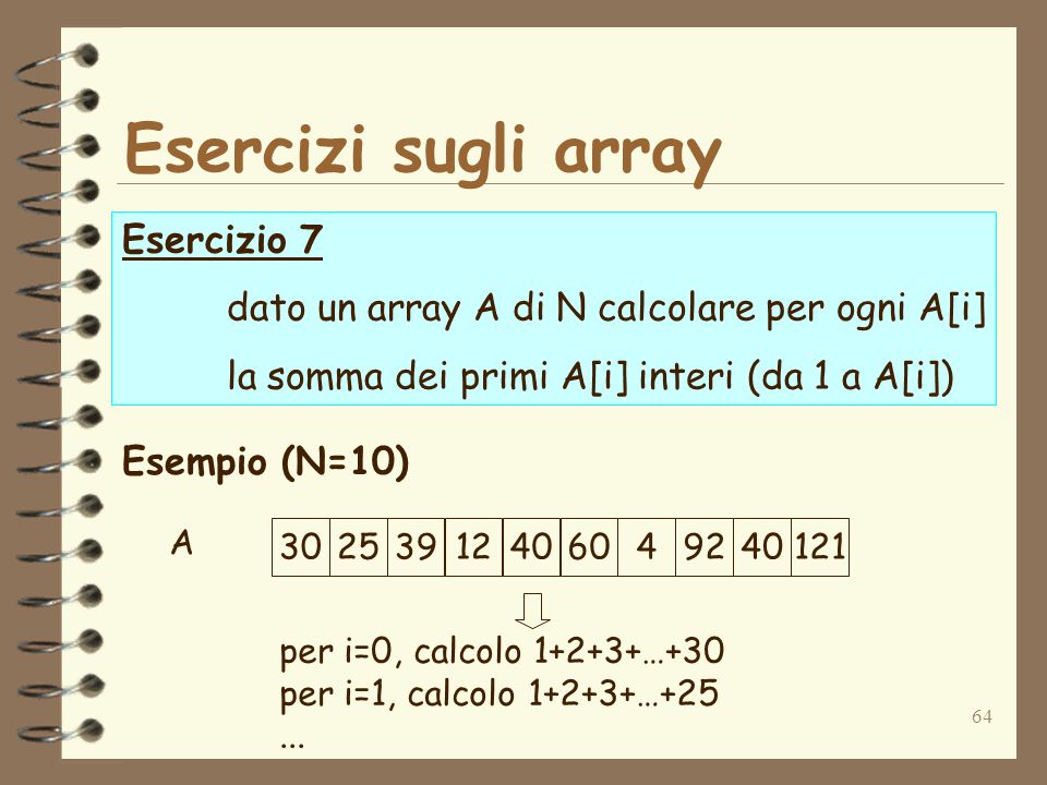 64 Esercizi sugli array Esercizio 7 dato un array A di N calcolare per ogni A[i] la somma dei primi A[i] interi (da 1 a A[i]) Esempio (N=10) A per i=0, calcolo …+30 per i=1, calcolo …+25...