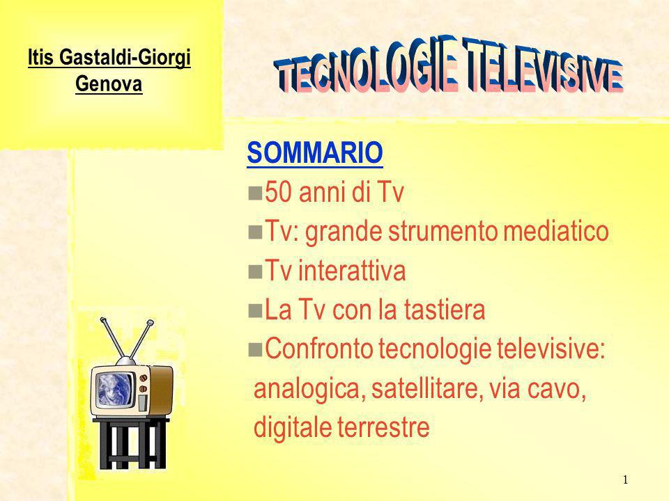 1 Itis Gastaldi-Giorgi Genova SOMMARIO 50 anni di Tv Tv: grande strumento mediatico Tv interattiva La Tv con la tastiera Confronto tecnologie televisive: analogica, satellitare, via cavo, digitale terrestre