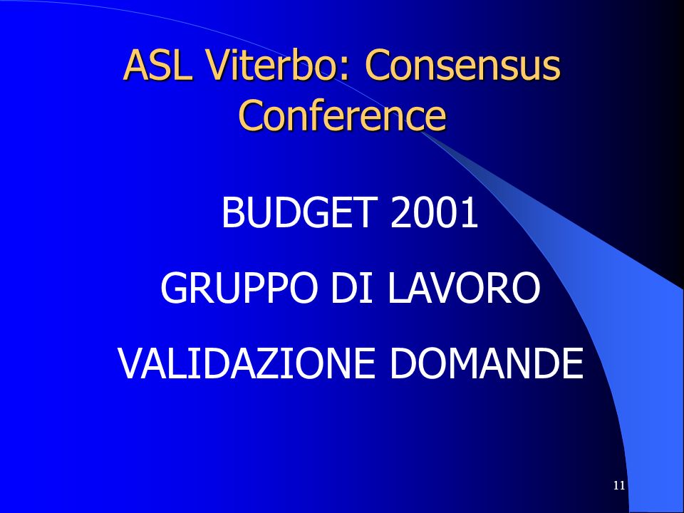 11 ASL Viterbo: Consensus Conference BUDGET 2001 GRUPPO DI LAVORO VALIDAZIONE DOMANDE