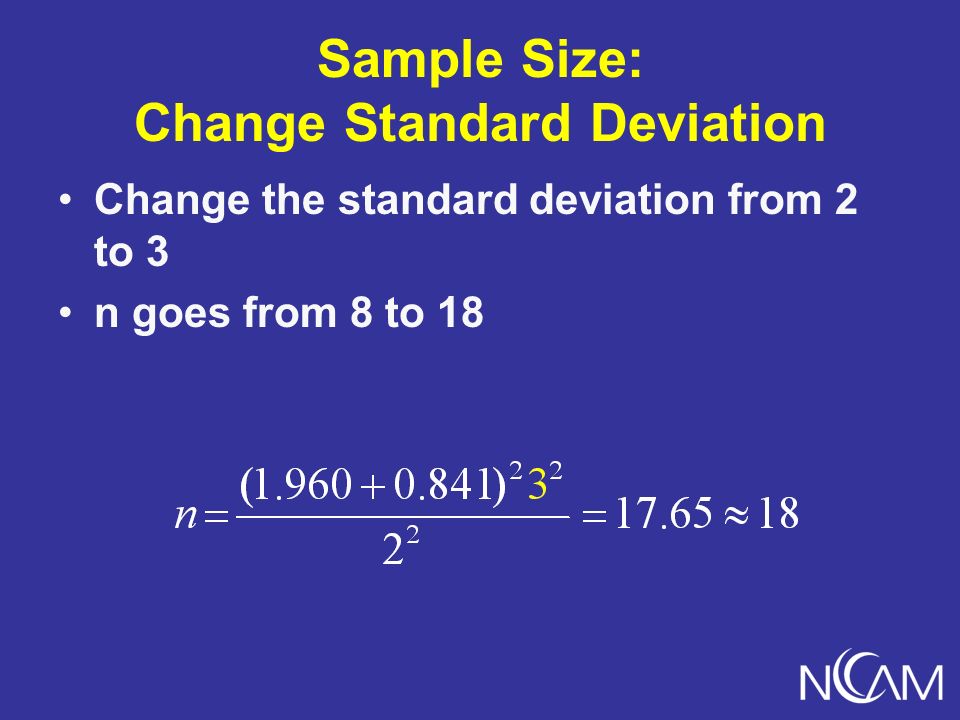 Sample Size: Change Standard Deviation Change the standard deviation from 2 to 3 n goes from 8 to 18