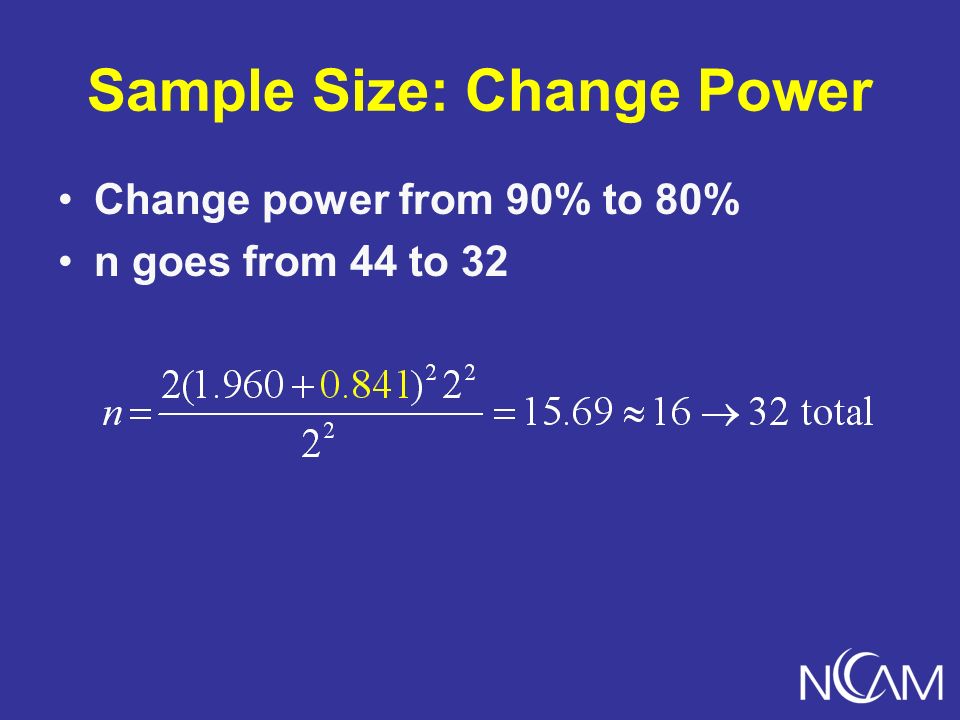 Sample Size: Change Power Change power from 90% to 80% n goes from 44 to 32