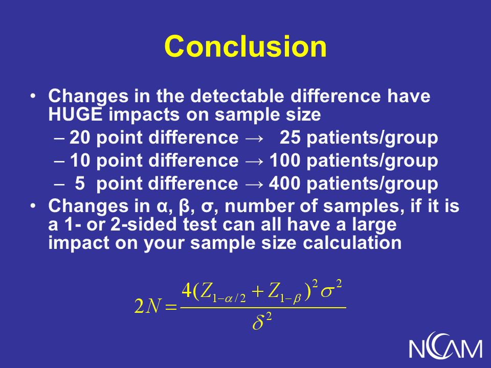 Conclusion Changes in the detectable difference have HUGE impacts on sample size –20 point difference 25 patients/group –10 point difference 100 patients/group – 5 point difference 400 patients/group Changes in α, β, σ, number of samples, if it is a 1- or 2-sided test can all have a large impact on your sample size calculation