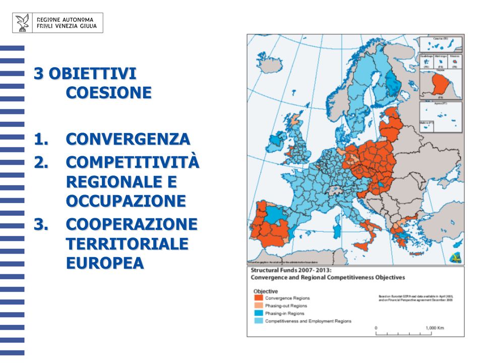 3 OBIETTIVI COESIONE 1.CONVERGENZA 2.COMPETITIVITÀ REGIONALE E OCCUPAZIONE 3.COOPERAZIONE TERRITORIALE EUROPEA