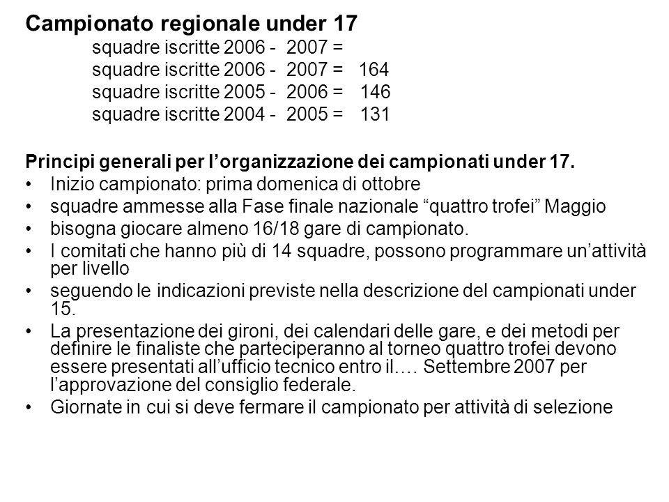 Campionato regionale under 17 squadre iscritte = squadre iscritte = 164 squadre iscritte = 146 squadre iscritte =131 Principi generali per lorganizzazione dei campionati under 17.