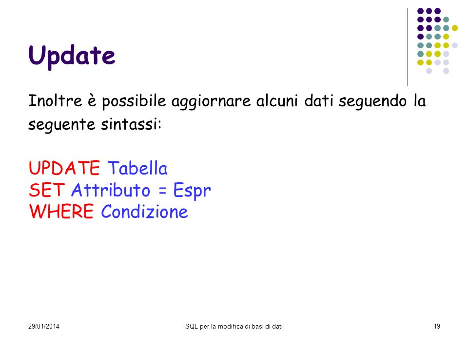 29/01/2014SQL per la modifica di basi di dati19 Update Inoltre è possibile aggiornare alcuni dati seguendo la seguente sintassi: UPDATE Tabella SET Attributo = Espr WHERE Condizione