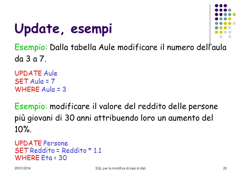 29/01/2014SQL per la modifica di basi di dati20 Update, esempi Esempio: Dalla tabella Aule modificare il numero dellaula da 3 a 7.