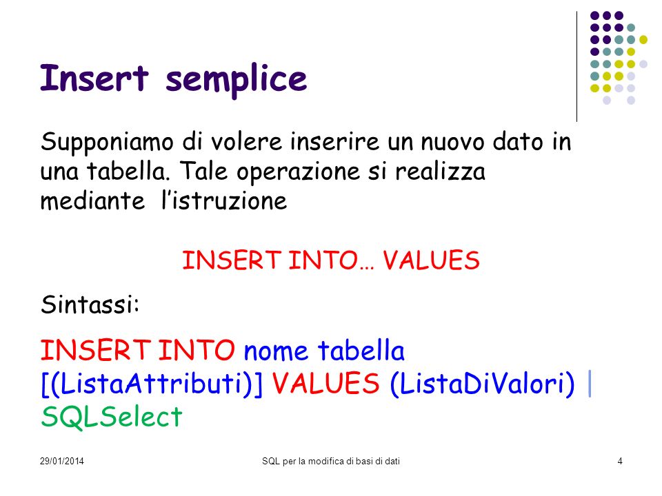 29/01/2014SQL per la modifica di basi di dati4 Insert semplice Supponiamo di volere inserire un nuovo dato in una tabella.