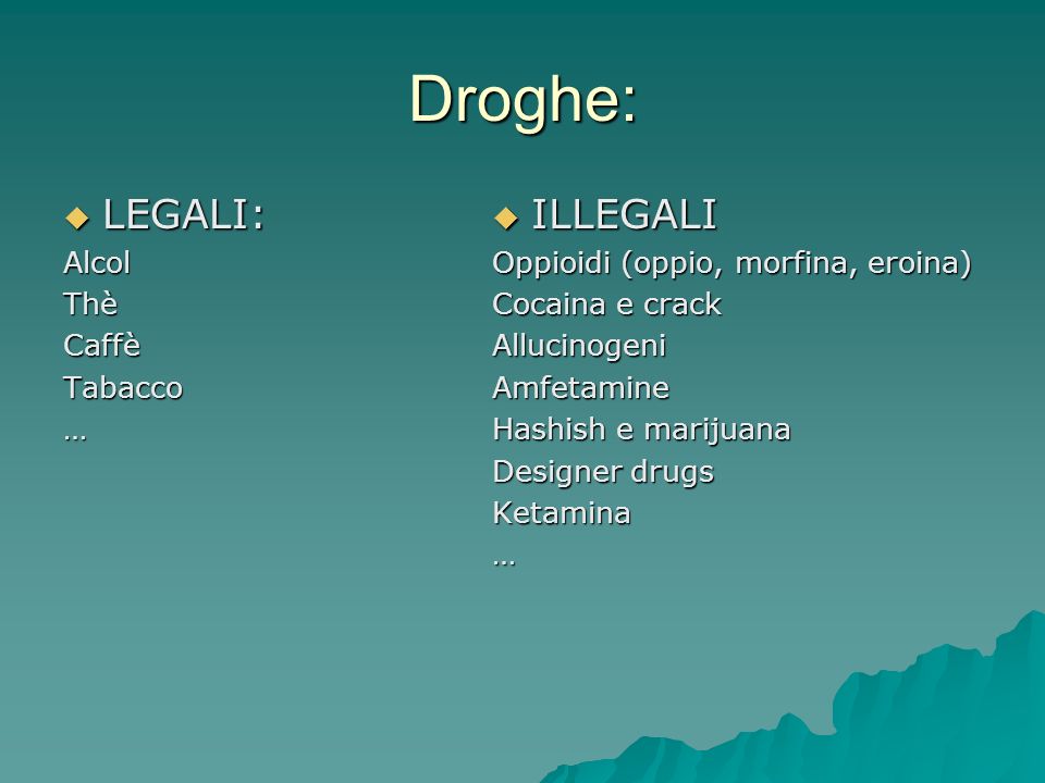 Droghe: LEGALI: LEGALI:AlcolThèCaffèTabacco… ILLEGALI ILLEGALI Oppioidi (oppio, morfina, eroina) Cocaina e crack AllucinogeniAmfetamine Hashish e marijuana Designer drugs Ketamina…