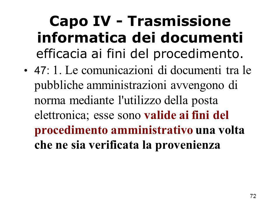 72 Capo IV - Trasmissione informatica dei documenti efficacia ai fini del procedimento.