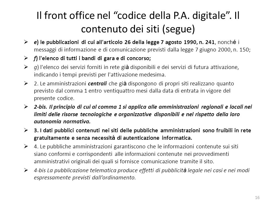 16 Il front office nel codice della P.A. digitale.