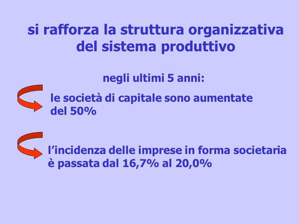 si rafforza la struttura organizzativa del sistema produttivo le società di capitale sono aumentate del 50% lincidenza delle imprese in forma societaria è passata dal 16,7% al 20,0% negli ultimi 5 anni: