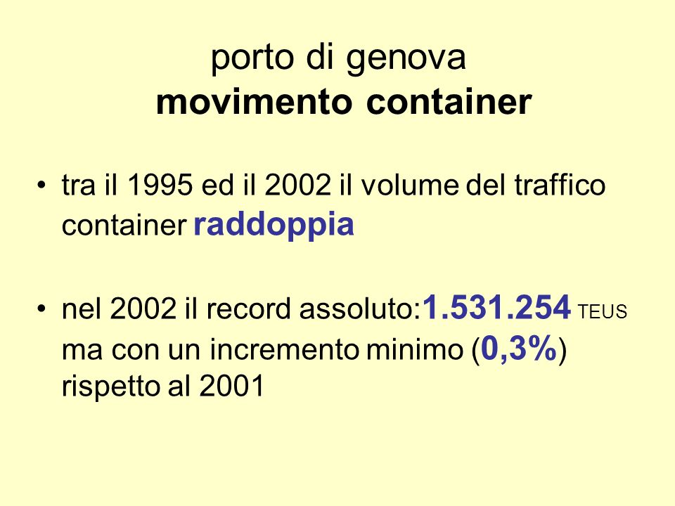 porto di genova movimento container tra il 1995 ed il 2002 il volume del traffico container raddoppia nel 2002 il record assoluto: TEUS ma con un incremento minimo ( 0,3% ) rispetto al 2001