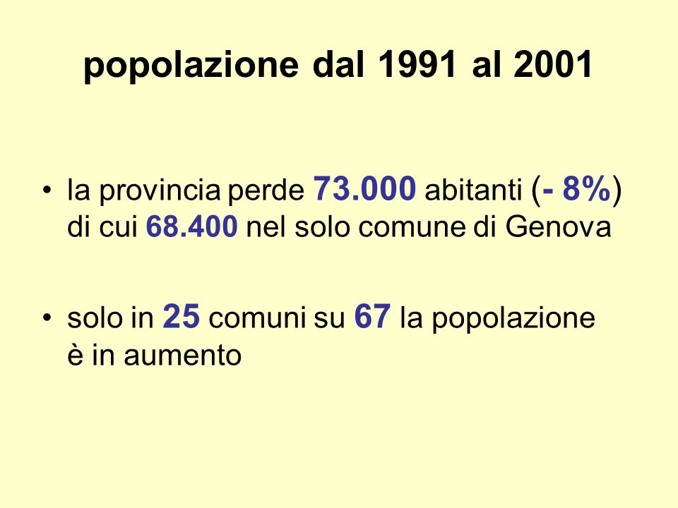 popolazione dal 1991 al 2001 la provincia perde abitanti (- 8%) di cui nel solo comune di Genova solo in 25 comuni su 67 la popolazione è in aumento