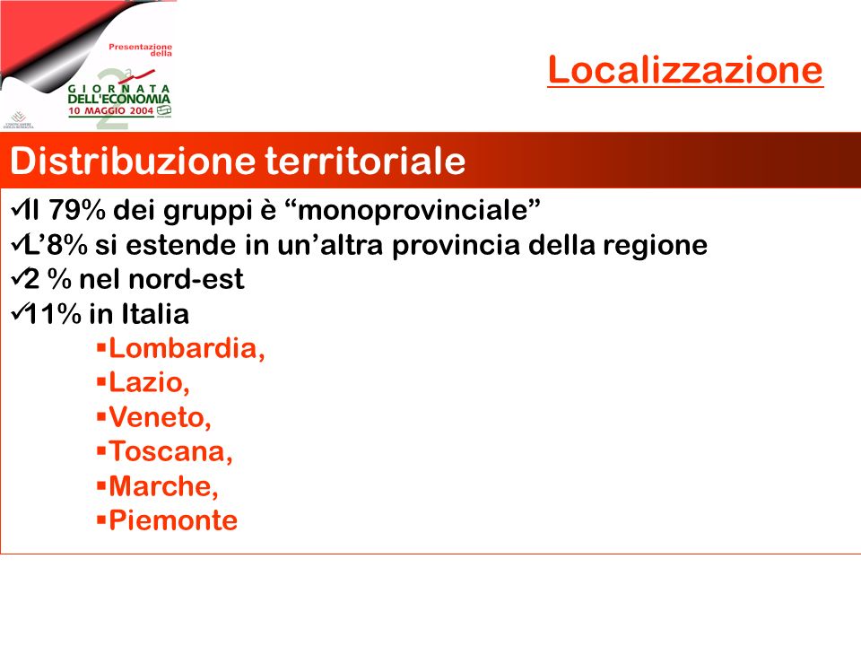 Localizzazione Distribuzione territoriale Il 79% dei gruppi è monoprovinciale L8% si estende in unaltra provincia della regione 2 % nel nord-est 11% in Italia Lombardia, Lazio, Veneto, Toscana, Marche, Piemonte