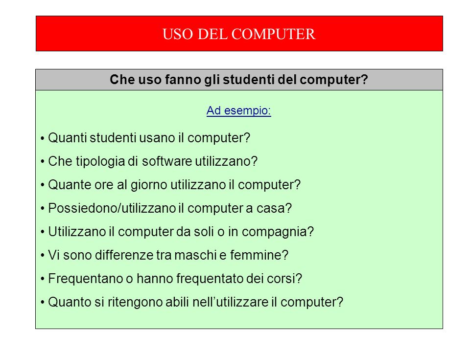 Ad esempio: Quanti studenti usano il computer. Che tipologia di software utilizzano.