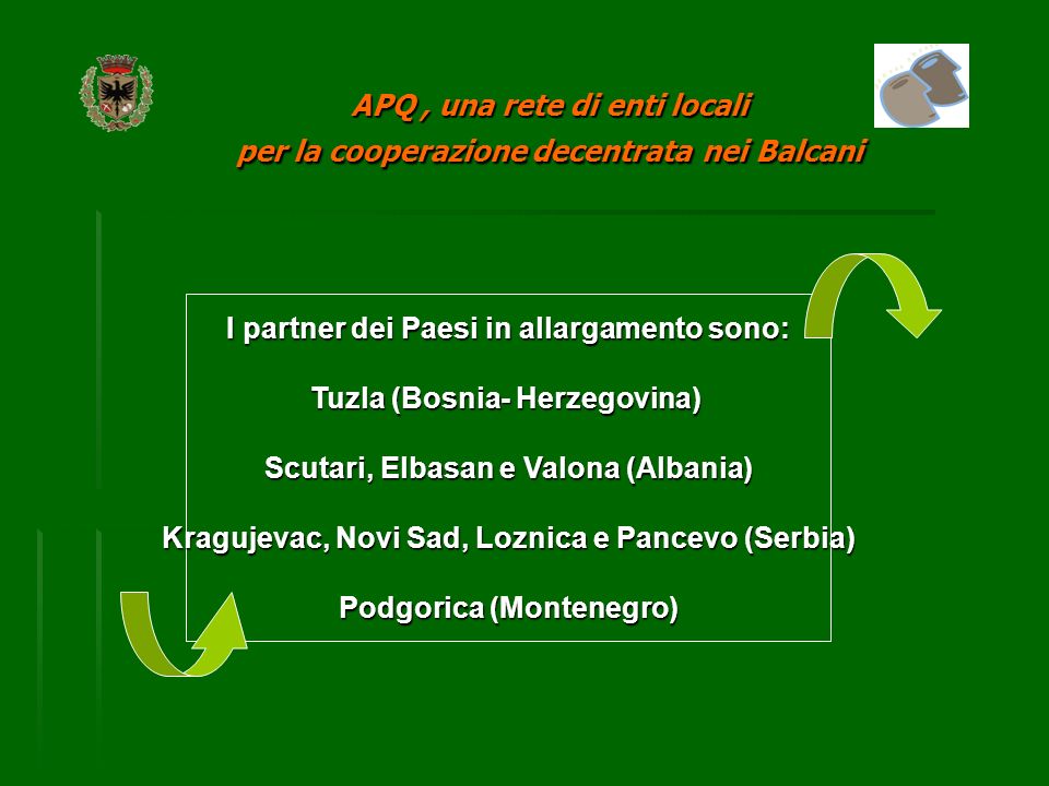 APQ, una rete di enti locali per la cooperazione decentrata nei Balcani I partner dei Paesi in allargamento sono: Tuzla (Bosnia- Herzegovina) Scutari, Elbasan e Valona (Albania) Kragujevac, Novi Sad, Loznica e Pancevo (Serbia) Podgorica (Montenegro)