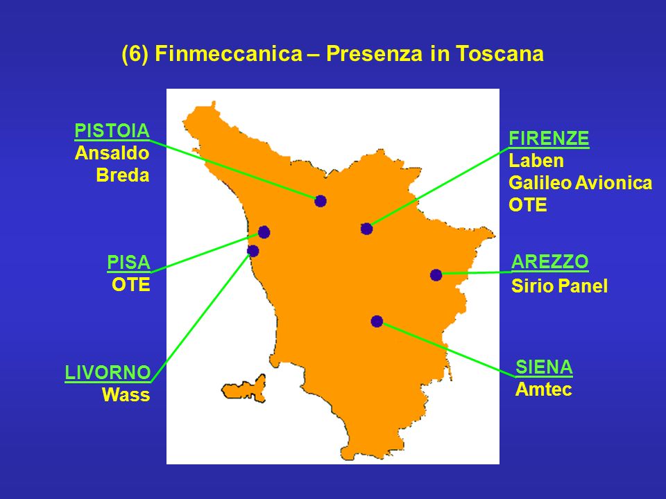 (6) Finmeccanica – Presenza in Toscana FIRENZE Laben Galileo Avionica OTE AREZZO Sirio Panel SIENA Amtec PISTOIA Ansaldo Breda PISA OTE LIVORNO Wass