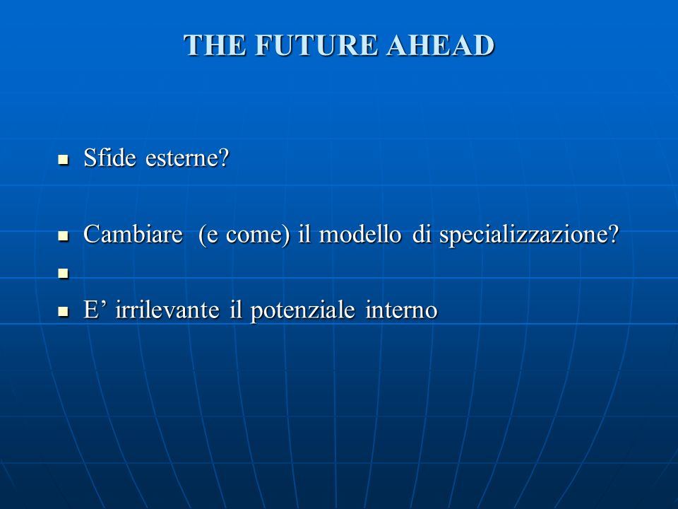 THE FUTURE AHEAD Sfide esterne. Sfide esterne. Cambiare (e come) il modello di specializzazione.