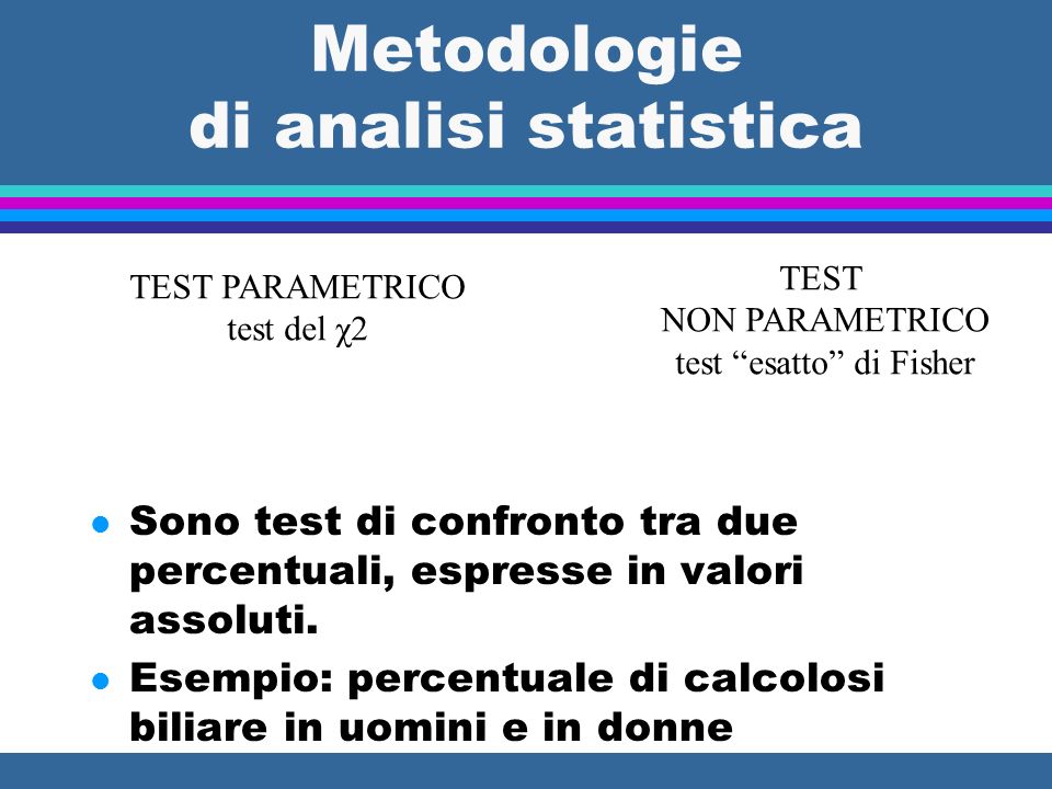Metodologie di analisi statistica l Sono test di confronto tra due percentuali, espresse in valori assoluti.