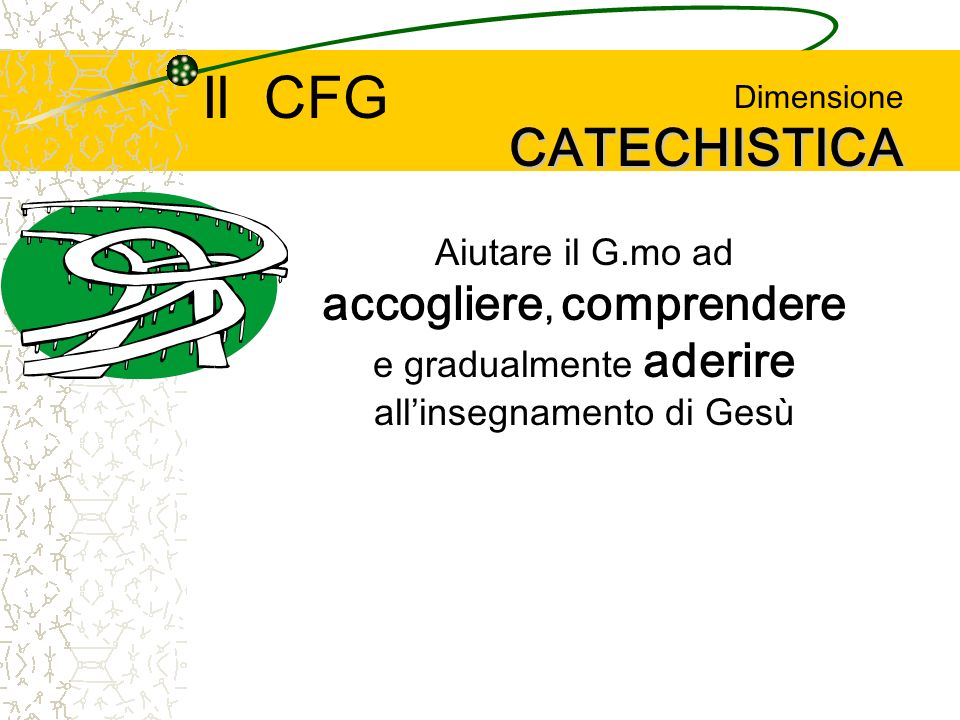 Il CFG CATECHISTICA Dimensione CATECHISTICA Aiutare il G.mo ad accogliere, comprendere e gradualmente aderire allinsegnamento di Gesù