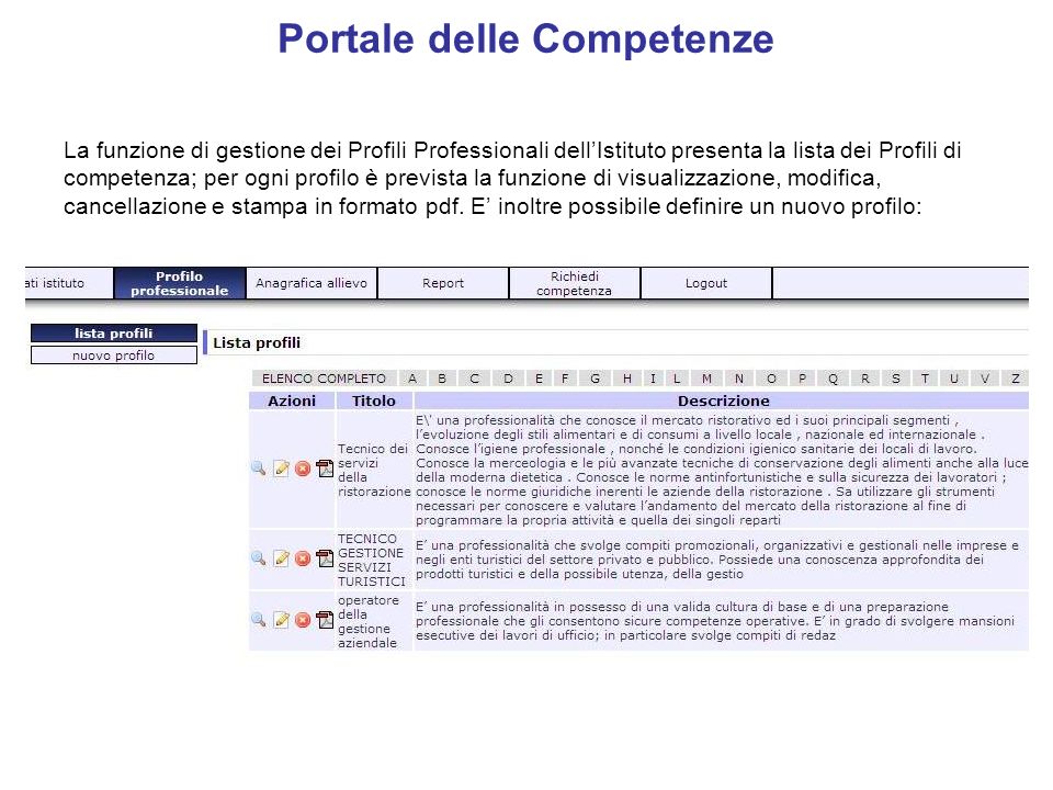 Portale delle Competenze La funzione di gestione dei Profili Professionali dellIstituto presenta la lista dei Profili di competenza; per ogni profilo è prevista la funzione di visualizzazione, modifica, cancellazione e stampa in formato pdf.