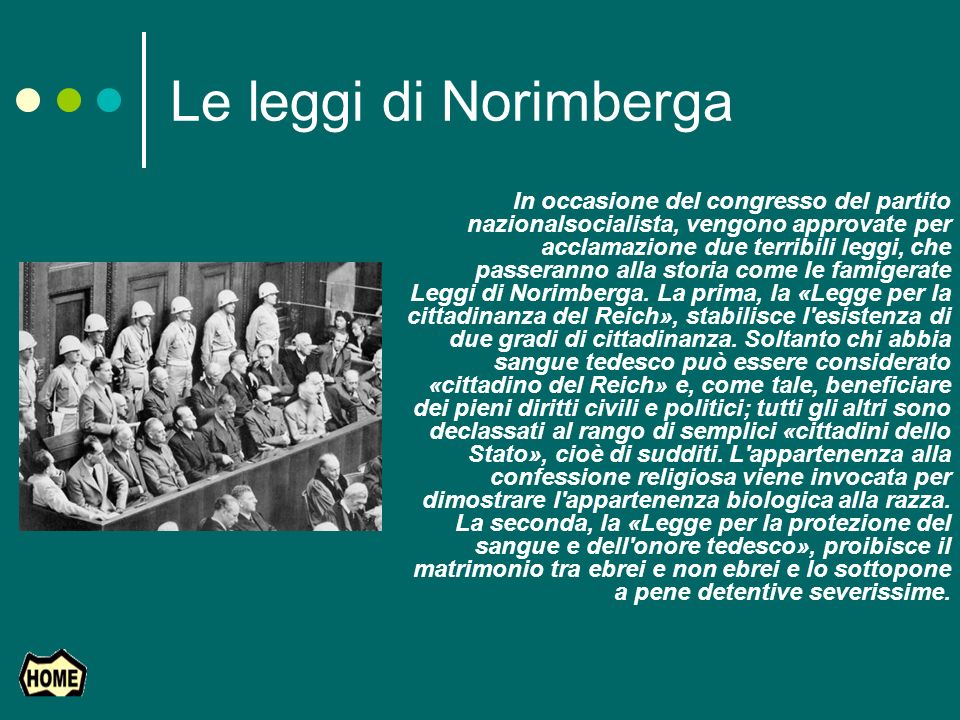 Le leggi di Norimberga In occasione del congresso del partito nazionalsocialista, vengono approvate per acclamazione due terribili leggi, che passeranno alla storia come le famigerate Leggi di Norimberga.