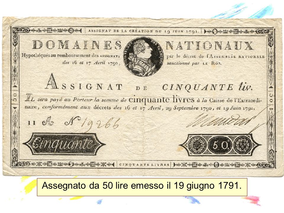 Assegnato da 50 lire emesso il 19 giugno 1791.