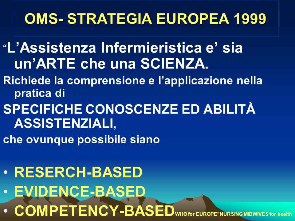 OMS- STRATEGIA EUROPEA 1999 LAssistenza Infermieristica e sia unARTE che una SCIENZA.