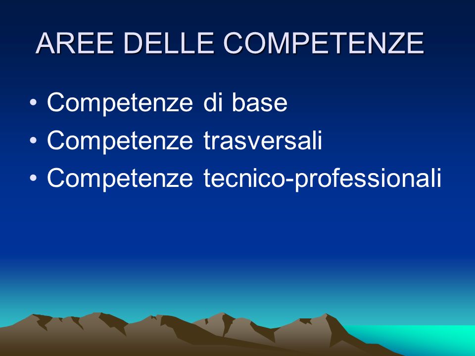 AREE DELLE COMPETENZE Competenze di base Competenze trasversali Competenze tecnico-professionali
