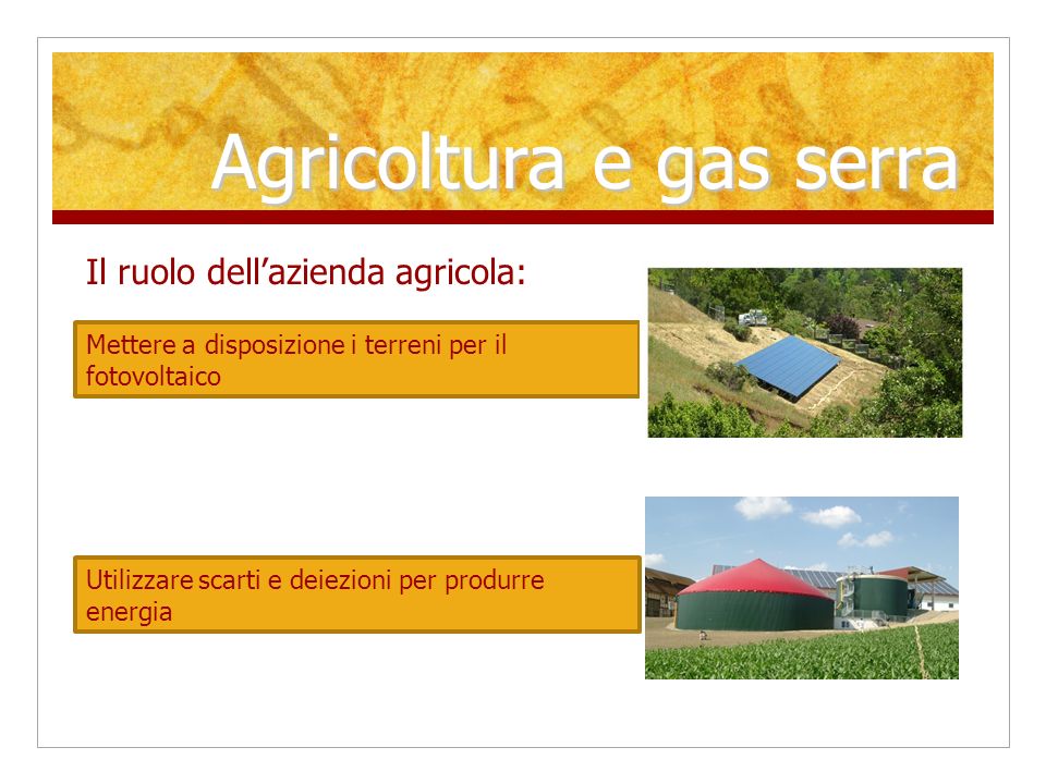 Agricoltura e gas serra Il ruolo dellazienda agricola: Mettere a disposizione i terreni per il fotovoltaico Utilizzare scarti e deiezioni per produrre energia
