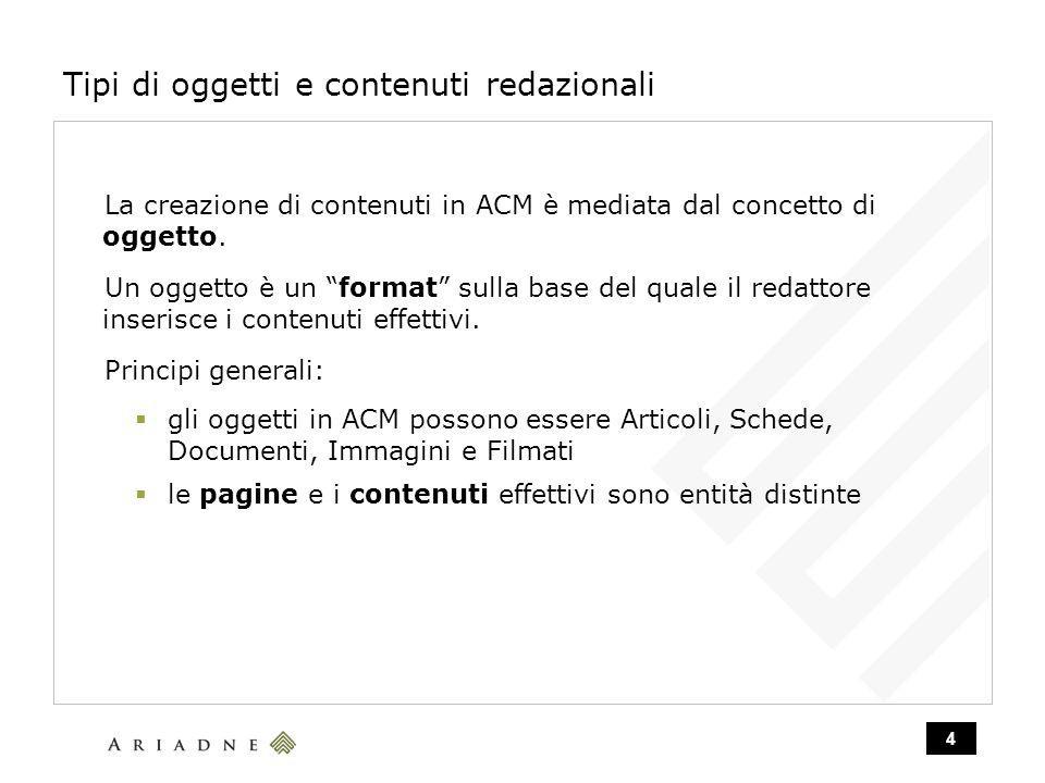 4 Tipi di oggetti e contenuti redazionali La creazione di contenuti in ACM è mediata dal concetto di oggetto.
