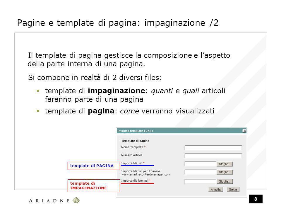 8 Pagine e template di pagina: impaginazione /2 Il template di pagina gestisce la composizione e laspetto della parte interna di una pagina.