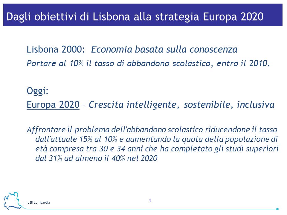 USR Lombardia 4 Lisbona 2000: Economia basata sulla conoscenza Portare al 10% il tasso di abbandono scolastico, entro il 2010.