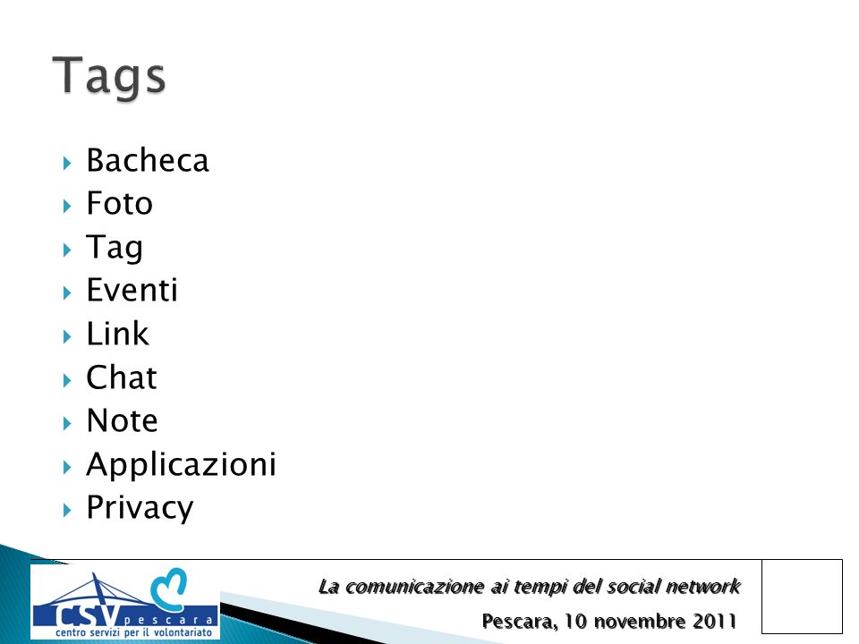 La comunicazione ai tempi del social network Pescara, 10 novembre 2011 Bacheca Foto Tag Eventi Link Chat Note Applicazioni Privacy