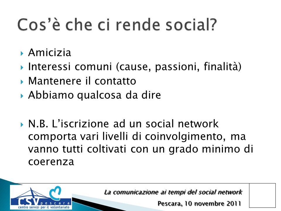 La comunicazione ai tempi del social network Pescara, 10 novembre 2011 Amicizia Interessi comuni (cause, passioni, finalità) Mantenere il contatto Abbiamo qualcosa da dire N.B.