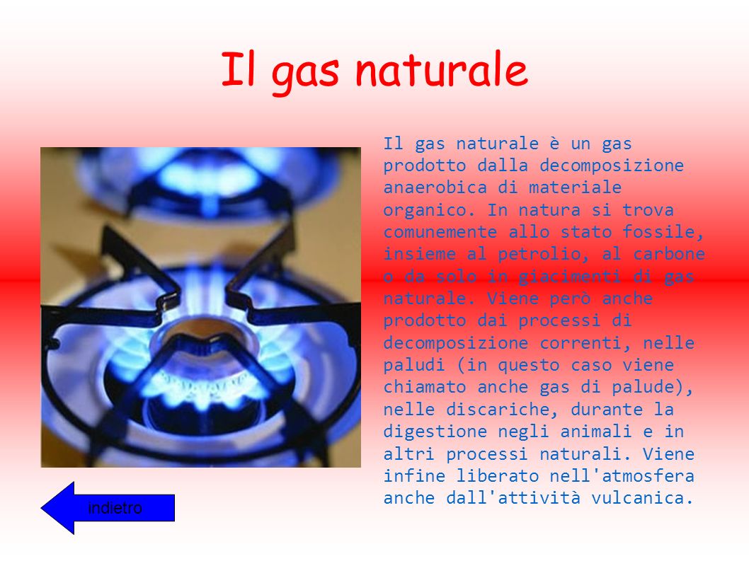 Il gas naturale indietro Il gas naturale è un gas prodotto dalla decomposizione anaerobica di materiale organico.